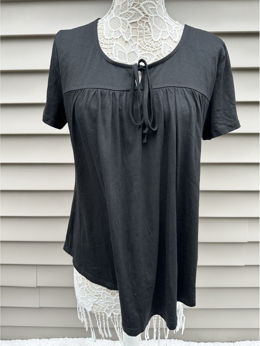 Black Short Sleeve Tie Neck Top